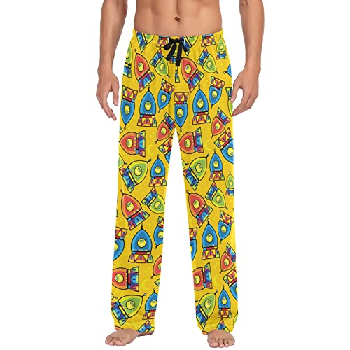 GAIREG Cartoon Mond Sterne Pyjamahose für Herren Lange Pyjamahose mit Taschen Lounge Nachtwäsche S-XXL, Gelbe Raketen-Spielzeugmuster, Large von GAIREG