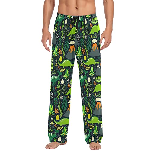 GAIREG Cartoon Mond Sterne Pyjamahose für Herren Lange Pyjamahose mit Taschen Lounge Nachtwäsche S-XXL, Grüne Dinosaurier-Blumen, X-Large von GAIREG