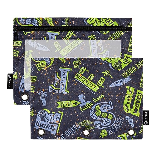 GAIREG Cartoon Surfe Text Binder Pencil Pouch Storage Bags for Three Ring Binders Binder Pencil Case with Zipper 2 Pack von GAIREG