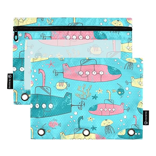 GAIREG Cartoon U-Boote Blau Meer Binder Federmäppchen 3 Ring Reißverschluss Beutel Binder Federmäppchen 2 Stück von GAIREG