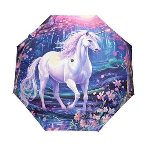 GAIREG Einhorn im Wald Winddichter Reiseschirm Kleiner Automatik Regenschirme für Rucksack, Geldbörse, Auto von GAIREG