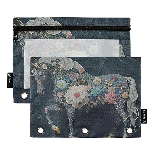 GAIREG Einhorn und Blumen Binder Pouches 3 Ring Zipper Pencil Bag 2 Pack von GAIREG