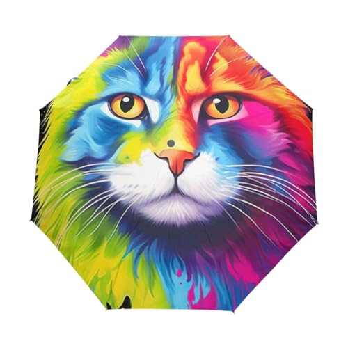 GAIREG Faltbarer Regenschirm mit Katze mit regenbogenfarbenem Haar, automatisches Öffnen, kompakt, leicht, Reise-Regenschirme für Regen von GAIREG