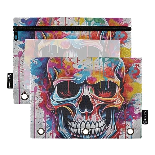 GAIREG Farbmalerei Schädel Weiß Binder Taschen 3 Ring Binder Reißverschluss Bleistift Beutel Binder Taschen für Organisation 2 Pack von GAIREG