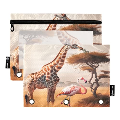 GAIREG Federmäppchen mit 3 Löchern, Giraffe und Flamingo, transparente Oberseite, mit Ösen, 2 Stück von GAIREG