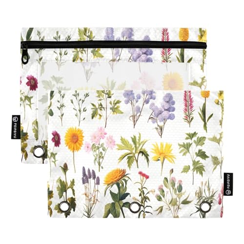 GAIREG Federmäppchen mit Blumen und Pflanzen auf weißem Binder, 3 Ringe, Federmäppchen für Binder, Bleistiftbeutel für Ordner, 2 Stück von GAIREG