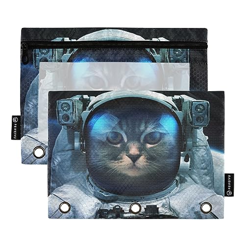 GAIREG Federmäppchen mit Katzen-Astronautenmotiv, Reißverschluss, für 3-Ringbinder, 2 Stück von GAIREG