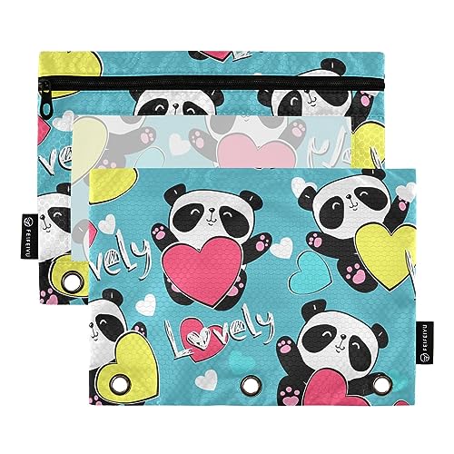 GAIREG Federmäppchen mit Panda-Herzen auf blauem Reißverschluss, 3 Ringe, Ordnertaschen für Organisation, 2 Stück von GAIREG