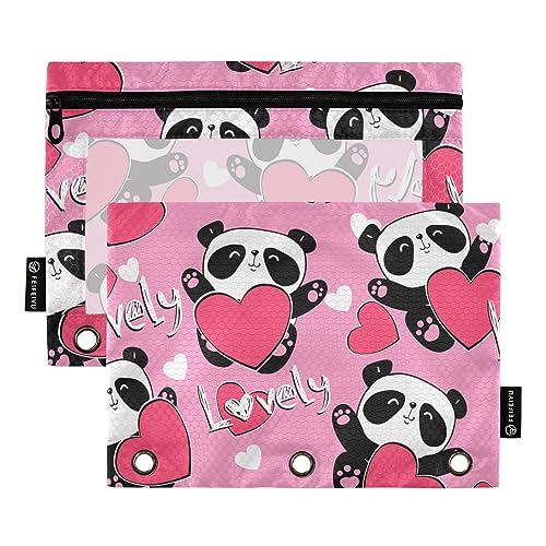 GAIREG Federmäppchen mit Panda- und rosa Herzen, für 3-Ringbücher, Reißverschluss, 2 Stück von GAIREG