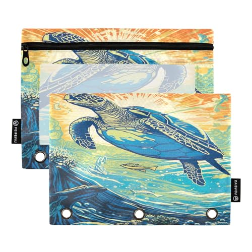 GAIREG Federmäppchen mit Reißverschluss, Motiv: Meeresschildkröte, Sonnenaufgang, für 3 Ringbücher, mit Reißverschluss, 2 Stück von GAIREG