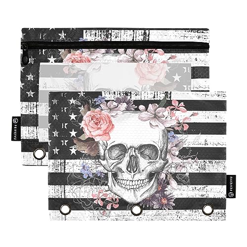 GAIREG Federmäppchen mit Totenkopf und Blumen, USA-Flagge, 3 Ringe, 2 Stück von GAIREG