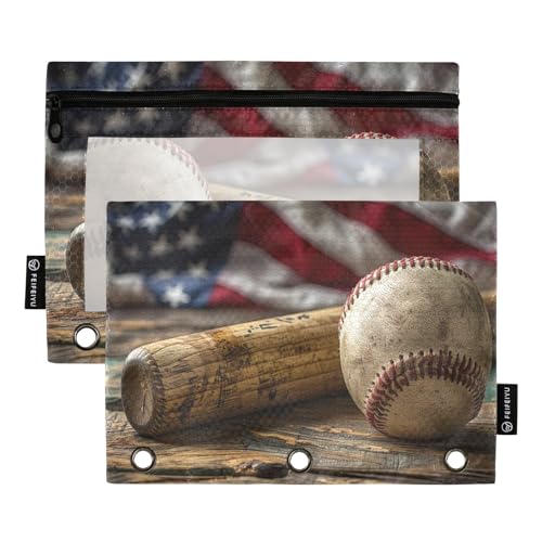 GAIREG Federmäppchen mit amerikanischer Flagge und Baseball-Bleistiften, 2 Stück, Bindertaschen mit 3 Ringen von GAIREG