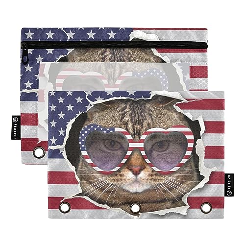 GAIREG Federmäppchen mit lustigem Katzenherz mit Sonnenbrille auf US-Flagge, 3 Ringe, für Organisation, 2 Stück von GAIREG