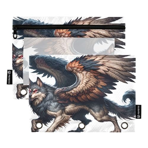 GAIREG Federmäppchen mit roten Augen, Wolf mit Flügeln, 3-Ring-Federmäppchen mit Reißverschluss, 2 Stück von GAIREG
