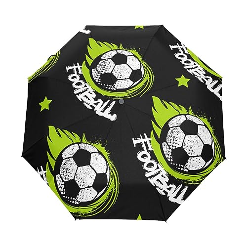 GAIREG Fußball auf schwarzem faltbarem Regenschirm, automatisches Öffnen und Schließen, kompakte, winddichte Regenschirme von GAIREG