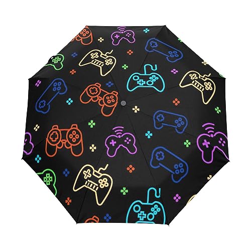 GAIREG Game Controller auf schwarzem faltbarem Regenschirm, automatisches Öffnen, kompakt, leicht, Reise-Regenschirme für Regen von GAIREG
