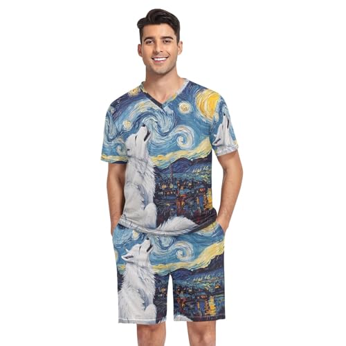 GAIREG Herren-Pyjama-Set, kurzärmelig, Nachtwäsche, Loungewear-Set, Schlafanzug, S-XXL, Wolf heult in Sternennacht, Large GAIREG Herren-Pyjama-Set, kurzärmelig, Nachtwäsche, Loungewear-Set, Schlafanzug, S-XXL, Wolf heult in Sternennacht, Large von GAIREG