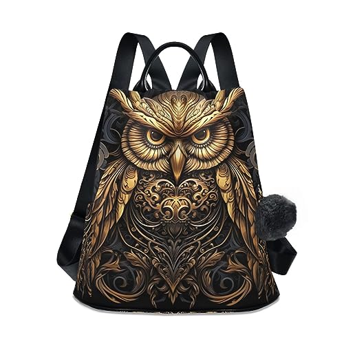 GAIREG Hexen Mandala Symbol Damen Rucksack Geldbörse Anti Diebstahl Casual Mode Tasche mit Pompon, Gold und blaue Eule-1 von GAIREG