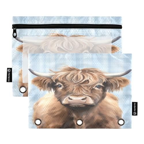 GAIREG Highland Cow Federmäppchen mit Reißverschluss, kariert, für 3-Ringbinder, 2 Stück von GAIREG