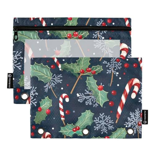 GAIREG Holly Leaves and Candy Canes Binder Pouches 2 Pack, Pencil Pouch for Binder 3 Ring von GAIREG