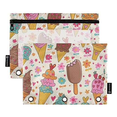 GAIREG Ice Cream Floral Binder Pencil Pouches 2 Pack 3 Hole Pencil Case von GAIREG