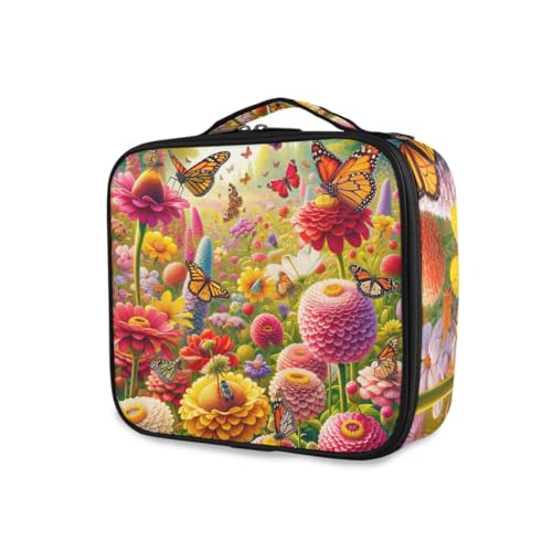 GAIREG Kosmetiktasche, Motiv: niedliche Schweine in Sonnenbrille, Make-up-Tasche, Organizer, Reise-Kosmetik-Zugkoffer mit Trennwänden für Frauen, Frühling Blumen und Schmetterlinge von GAIREG