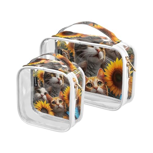 GAIREG Kosmetiktasche mit Sternennachtblüte, transparent, TSA-zugelassen, Kulturbeutel für Damen, transparente Kosmetiktasche, Lustige Katzen und Sonnenblumen von GAIREG