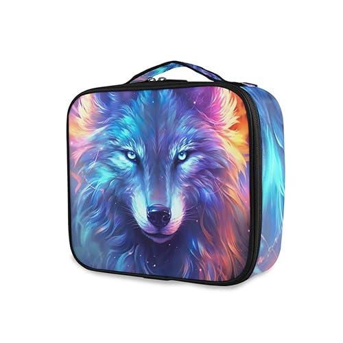 GAIREG Kosmetiktasche mit weihnachtlichem Hirsch, für Reisen, mit Trennwänden, für Frauen, Blauer und violetter Wolf von GAIREG