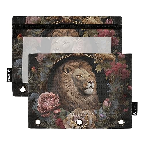 GAIREG Löwe und Retro Blumen Drei Ringe Bleistift Tasche mit Reißverschluss für Binder 2 Pack von GAIREG