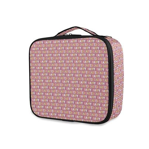 GAIREG Make-up-Koffer Einhorn Halloween Kosmetiktasche Organizer Reise Kulturbeutel mit verstellbaren Trennwänden für Frauen, Wiederholender rosa "Happy Easter"-Text von GAIREG