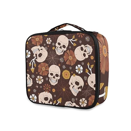 GAIREG Make-up-Tasche mit roten Lippen und Kirschen, für Reisen, mit Trennwänden, für Frauen, Boho Halloween Schädel Blume von GAIREG