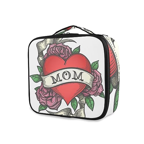 GAIREG Make-up-Tasche mit roten Lippen und Kirschen, für Reisen, mit Trennwänden, für Frauen, Herz Rose Blumen Wording Mom von GAIREG