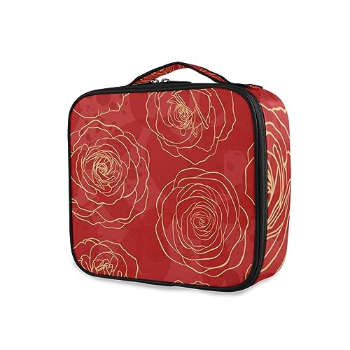 GAIREG Make-up-Tasche mit tropischen Blättern auf marineblauem Material, für Damen, tragbar, mit Trennwänden, Kulturbeutel, Rote goldene Rosen von GAIREG