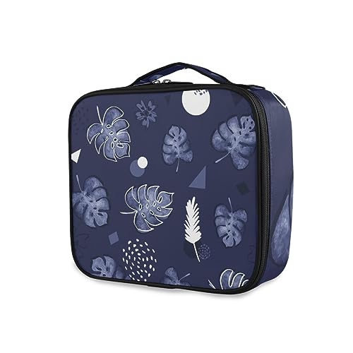 GAIREG Make-up-Tasche mit tropischen Blättern auf marineblauem Material, für Damen, tragbar, mit Trennwänden, Kulturbeutel, Tropische Blätter auf Marineblau von GAIREG