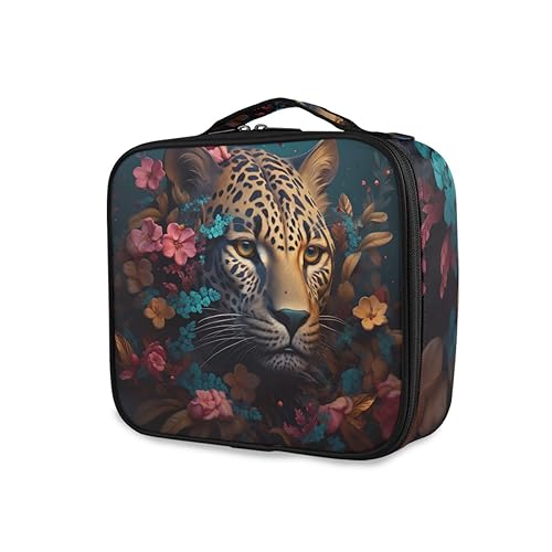 GAIREG Make-up Zug Fall Kosmetiktasche Reise Tragbare Aufbewahrung Kulturbeutel mit herausnehmbaren Trennwänden für Frauen, Leopard mit Blumen von GAIREG