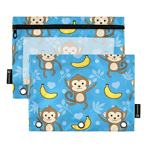 GAIREG Monkey Banana Federmäppchen mit 3 Löchern, blaues Muster, für Binder, mit transparentem Fenster, 2 Stück von GAIREG
