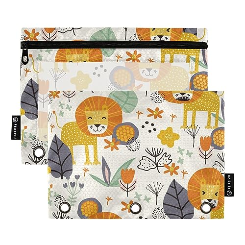 GAIREG Niedlicher Löwe tropische Pflanzen Bleistift Tasche für Binder 3 Ring Binder Pouch Binder Taschen mit Reißverschluss 2 Pack von GAIREG