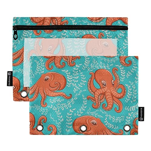 GAIREG Orange Marine Life on Turquoise Binder Pencil Pouches 3 Hole Punch Pencil Pouch Binder Pockets with Zipper 2 Pack von GAIREG