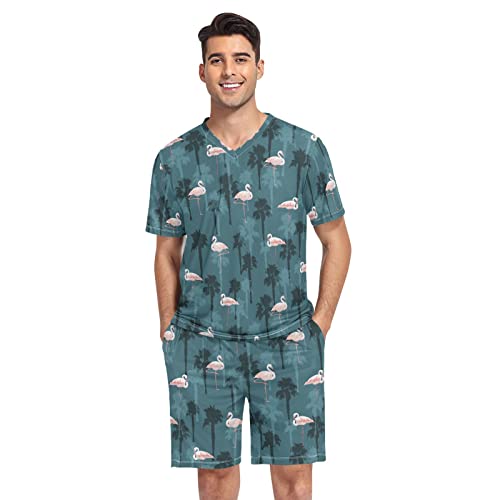 GAIREG Pink Ice Cream Herren Pyjama Set Kurzarm V-Ausschnitt 2 Stück Nachtwäsche mit Taschen S-XXL, Summer Flamingo Birds Green, X-Large von GAIREG