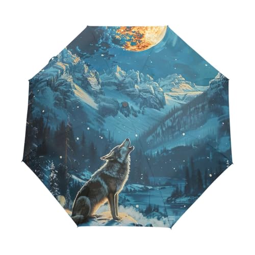 GAIREG Regenschirm mit Wolf-Heulung bei Gold Mond, winddicht, klein, automatisch, Regenschirme für Rucksack, Geldbörse, Auto von GAIREG