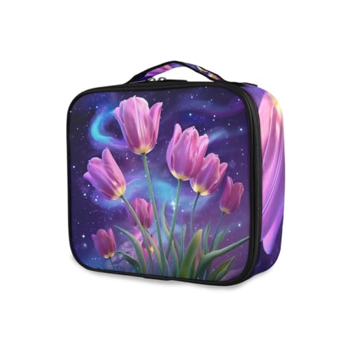 GAIREG Reise-Make-up-Tasche, Organizer, tragbarer Kosmetikkoffer mit verstellbaren Trennwänden, Make-up-Tragetasche, Tulpen auf einem Nachthimmel von GAIREG