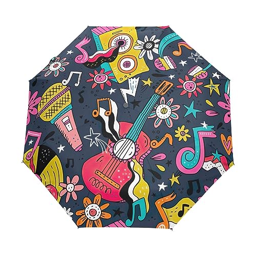 GAIREG Rock n Roll Reise-Regenschirm mit Doodle-Motiv, automatisches Öffnen und Schließen, kompakt, zusammenklappbar von GAIREG