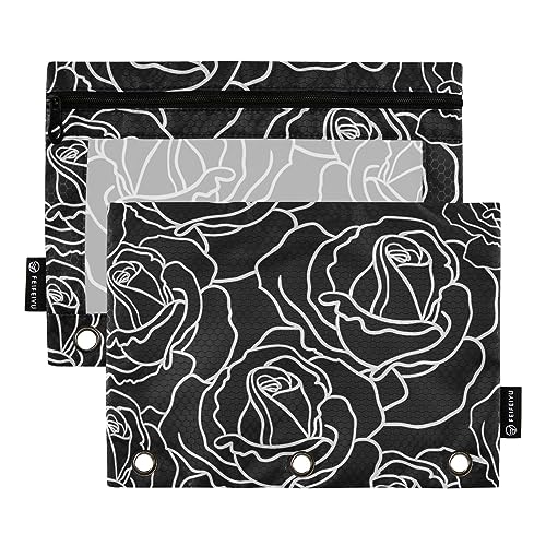 GAIREG Roses Black White Binder Pouch Pencil Pouch with 3 Holes Binder Pouches for Organization 2 Pack von GAIREG