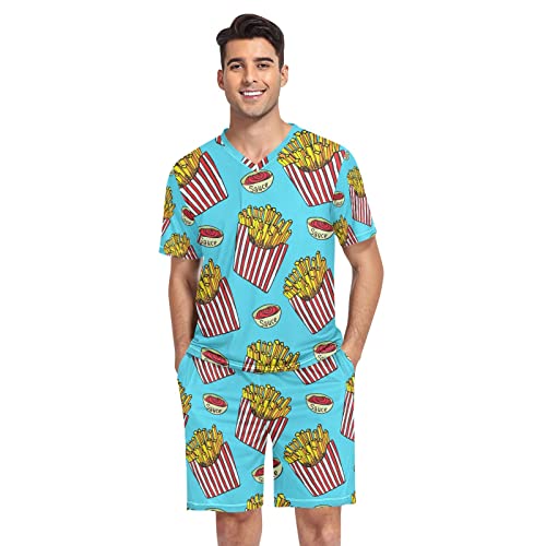 GAIREG Schwarz Weiß Katze Schachbrett Pyjama für Herren Kurzarm Pyjama Set Loungewear mit Taschen S-XXL, Pommes Frites Gestreifte Box, Large von GAIREG