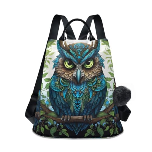 GAIREG Sea Animal Pirat Anti-Diebstahl Rucksack Geldbörse für Frauen Mode Reisetasche mit Pompon, Blaue Eule mit grünen Augen von GAIREG