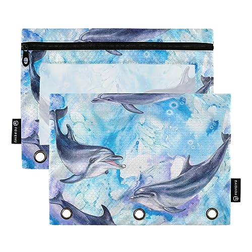 GAIREG Sea Blue Delphins Binder Pouch Pencil Case 3 Ring Binder Pockets 2 Pack von GAIREG