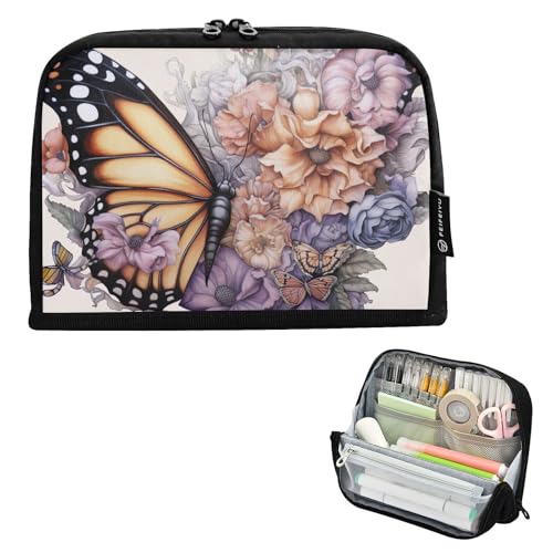 GAIREG Stehendes Federmäppchen mit Schmetterlings- und Blumenmotiv und Magnetklappe und mehreren Fächern für Schule oder Reisen von GAIREG