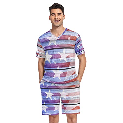 GAIREG Strawberry Pink Herren Kurzarm Pyjama Set Nachtwäsche S-XXL, USA Flaggenelemente auf Holz, XX-Large von GAIREG