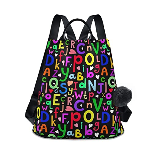 GAIREG Totenkopf auf rotem Blumen-Rucksack für Damen, Rucksack, Anti-Diebstahl-Handtasche mit Pompon-Reisetasche, Bunte lateinische Buchstaben auf Schwarz von GAIREG