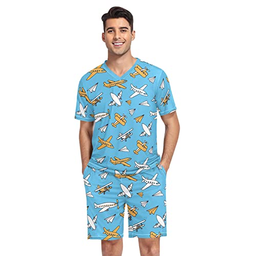 GAIREG USA Icons Herren Schlafanzug Schlafsets Kurzarm V-Ausschnitt Nachtwäsche 2 Stück Pj Set S-XXL, Flugzeuge auf Blue Sky, XL von GAIREG